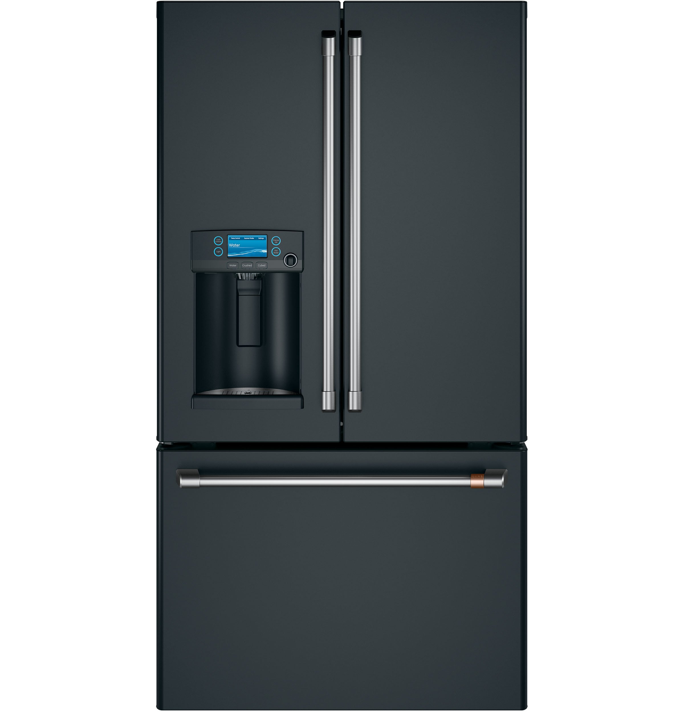Cafe Standard-Depth 27.8-cu ft 3 -Door Smart Compatible French Door Refrigerator with Ice Maker with Water and Ice Dispenser ( Matte Black with Brushed Stainless Handles ) ENERGY STAR Certified